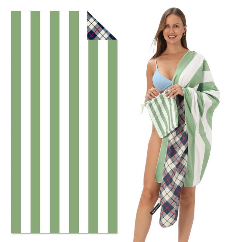 Double-Sided Plush Beach Towel With Color-Block Vertical Stripes Quick-Dry Sand-Resistant Large Size Swimming Pool Vacation
