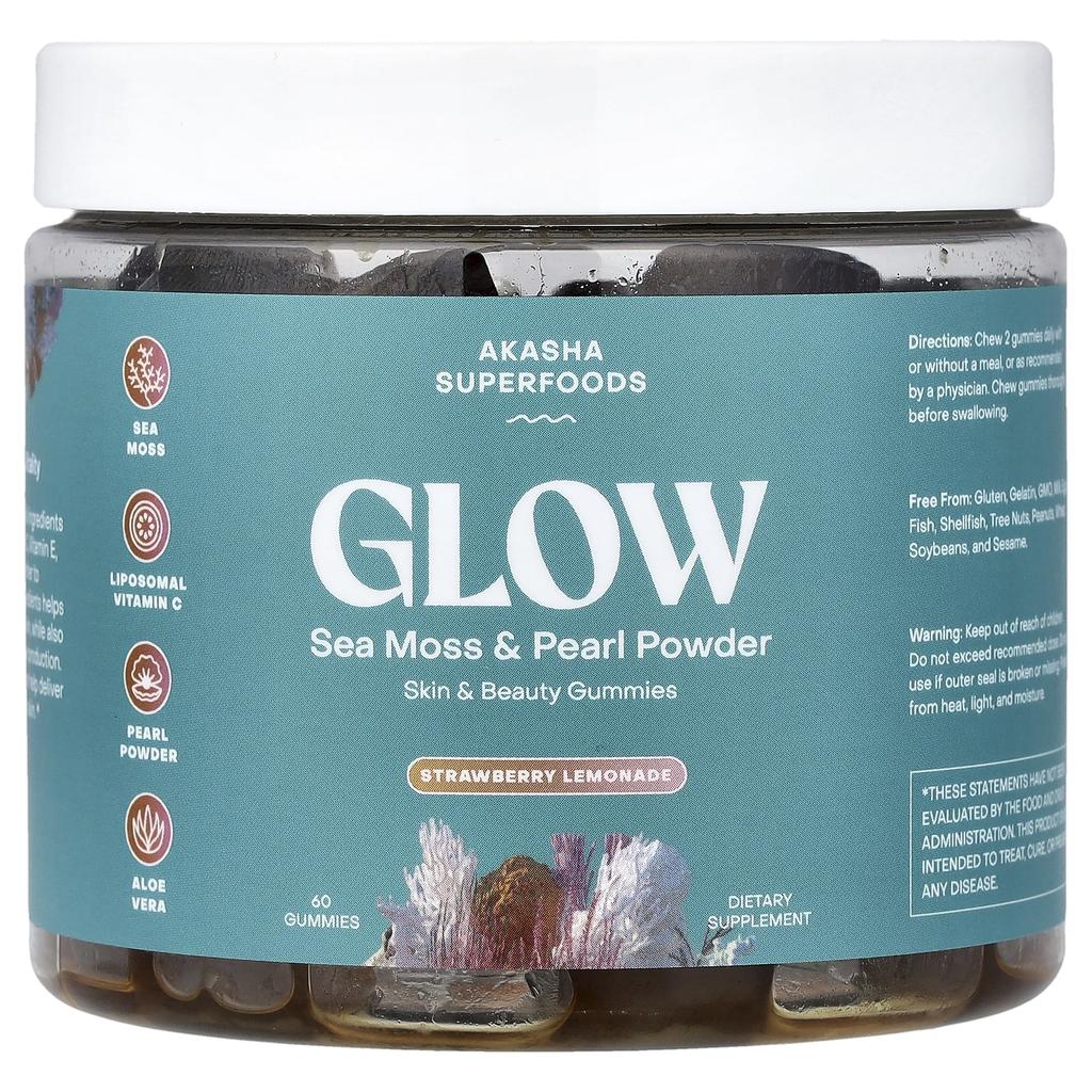 Akasha Superfoods, Сияние, Морские водоросли и Жемчужный порошок, Вкус Клубничного лимонада, 60 жевательных конфет