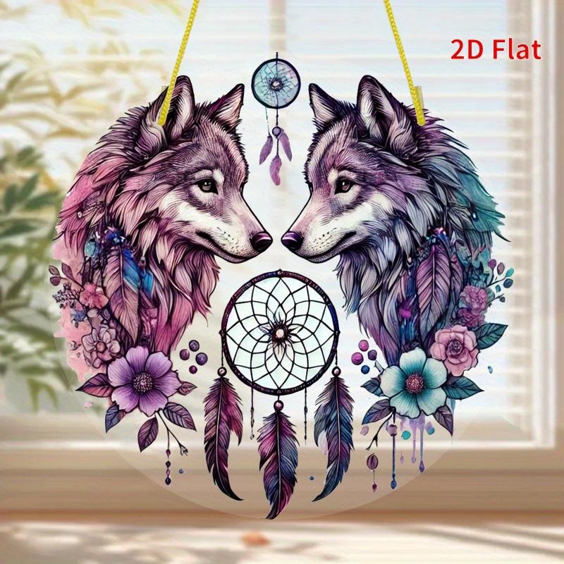 Wolf & Dream Catcher Ornament. 8x8 Inch Round Acrylic with Feathers & Flowers. A Perfect Gift.