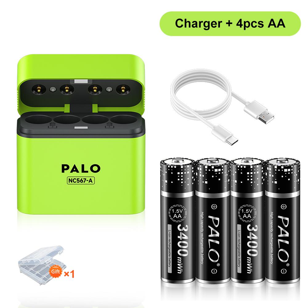 PALO Аккумуляторные литиевые батарейки AA 1,5 В 3400 мВт·ч 1,5 В литий-ионные батарейки AA Интеллектуальный зарядный бокс с дата-кабелем TYPE-C