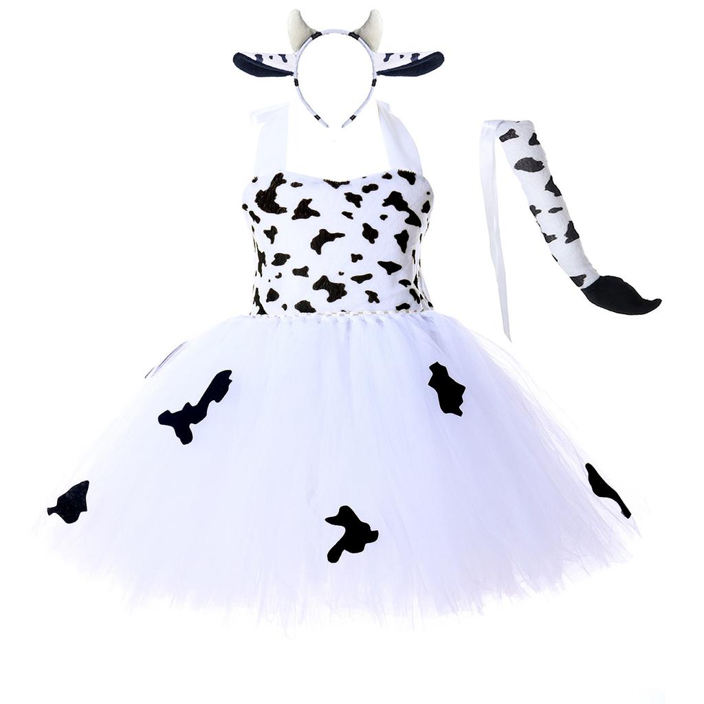 Baby Girls Halloween Cosplay Costume Kids Forest Theme Giraffe Cows Tiger Print Tutu Dress Party