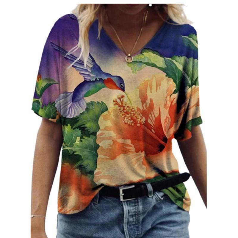 Women 3D Printed T Shirt Casual Summer Outfit Floral V Neck Tops Sportwear Short Sleeve T Shirts