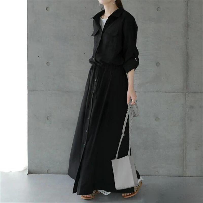 Женское весенне-осеннее платье-макси рубашечного кроя с отложным воротником - Длинный рукав, Однотонное, Повседневное