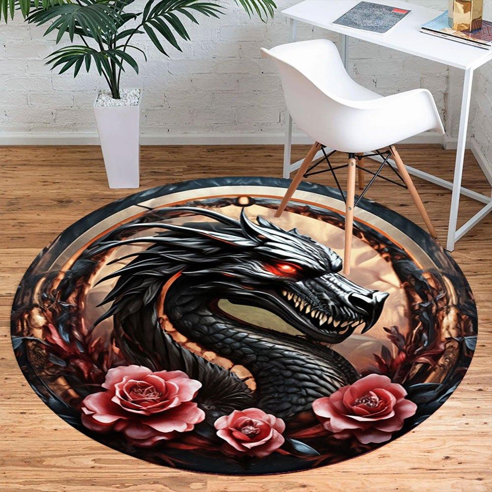 Fantasy Dragon with Roses Circular Wall Art PrintRound Non-Slip chair mat chair carpet for office Rugs for Office Decor Gift For Valentine's Day Mothe