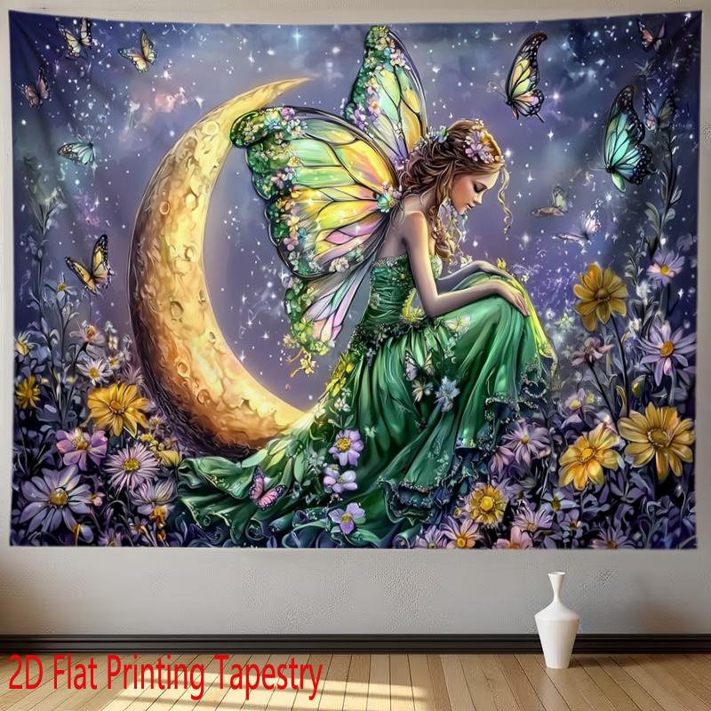 Bohemian Fairy Tale Moon Tapestry Wall Hanging Decor Boho Stars Floral Butterflies Magic Nursery Room Decoration Art Print Gift