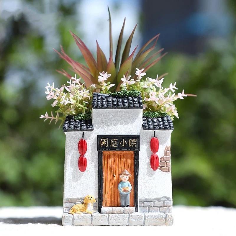 Rustic Resin House Succulent Planter Desktop Decoration Ornament