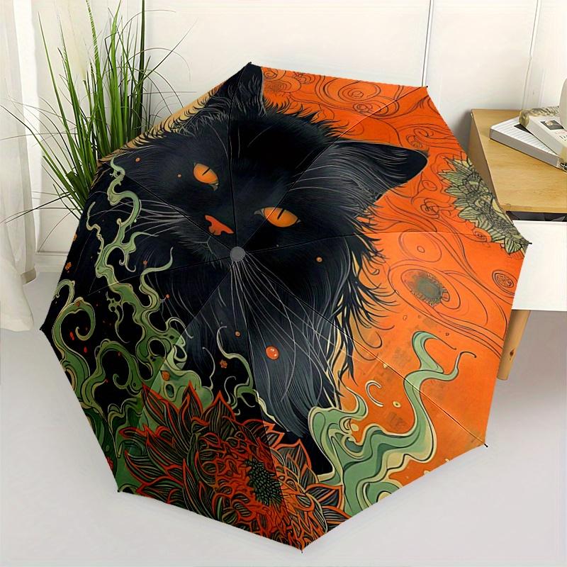 1pc Black Cat's Journey Automatic Umbrella Design, Cute Cartoon Pattern, Portable Outdoor Umbrella, Perfect Y007