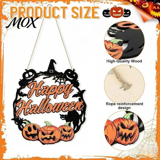 Scary Party Supplies Halloween Wooden Wreath Door Hanger Sign, Pumpkin Ghost Black Cat Witch Rustic Wall Art Bat Patterns, Hanging Plaque for