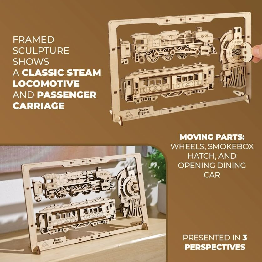 Ugears Steam Express Puzzle 70207 Wooden 3D Puzzle No Glue or Tools Required Craft Project 2.5D - - -