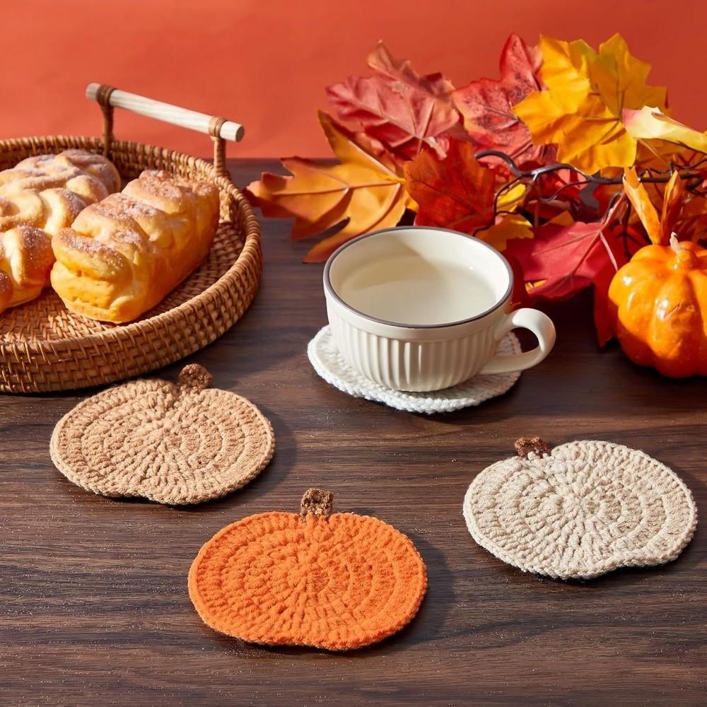 Halloween Knit Cup Mats Crochet Coffee Mugs Mats Creative Pumpkin Coasters Fall Table Decor
