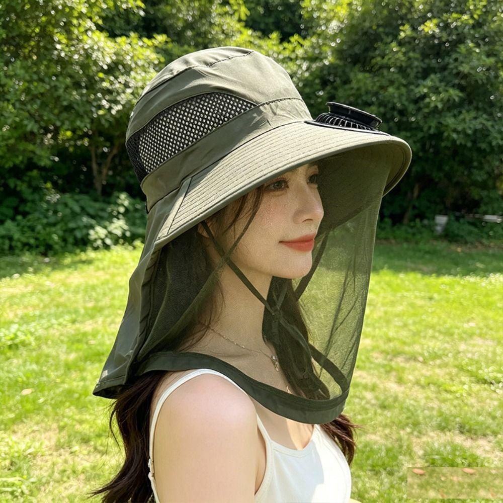 Convenient With Net Mesh Mosquito Head Net Hat Foldable Breathable Solar Fan Hat Cooling Quick-Drying Fishing Bucket Hat Hiking