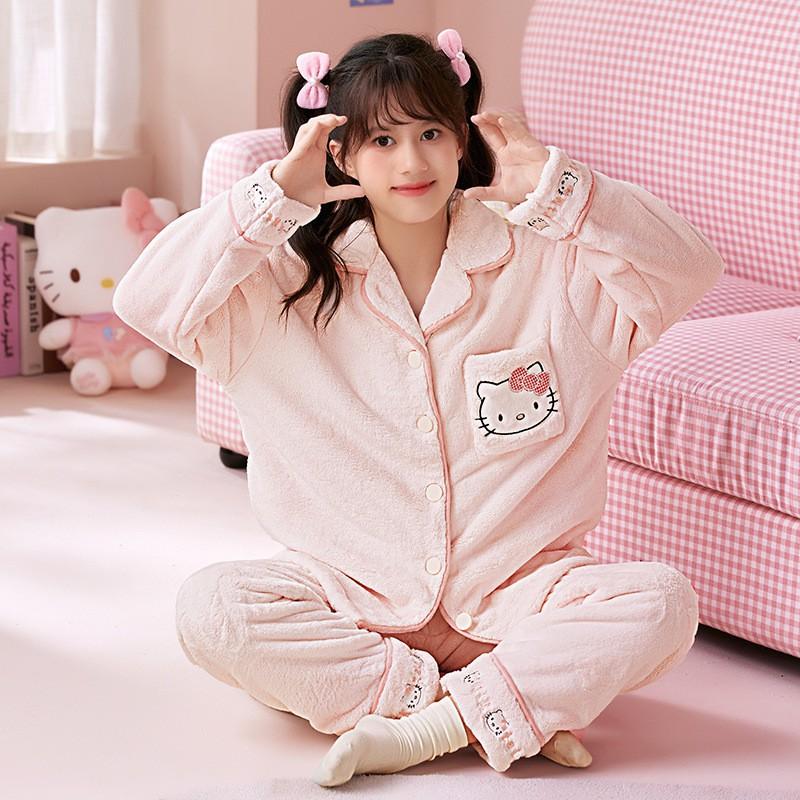 Girls Warm Coral Fleece Pajama Set Long Sleeve Thickened Cartoon Print Home Wear Winter