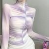 Женская сетчатая футболка Pure Desire Весна Лето С оборками Уникальная Приталенная Слегка Прозрачная Защита от солнца Острая Девушка Осень Зима С длинным рукавом Короткий топ