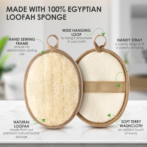 2-Piece Natural Egyptian Loofah Body Scrubbers for Bathing, Exfoliating Shower Sponges That Remove Dead Skin, Gentle Daily Exfoliation