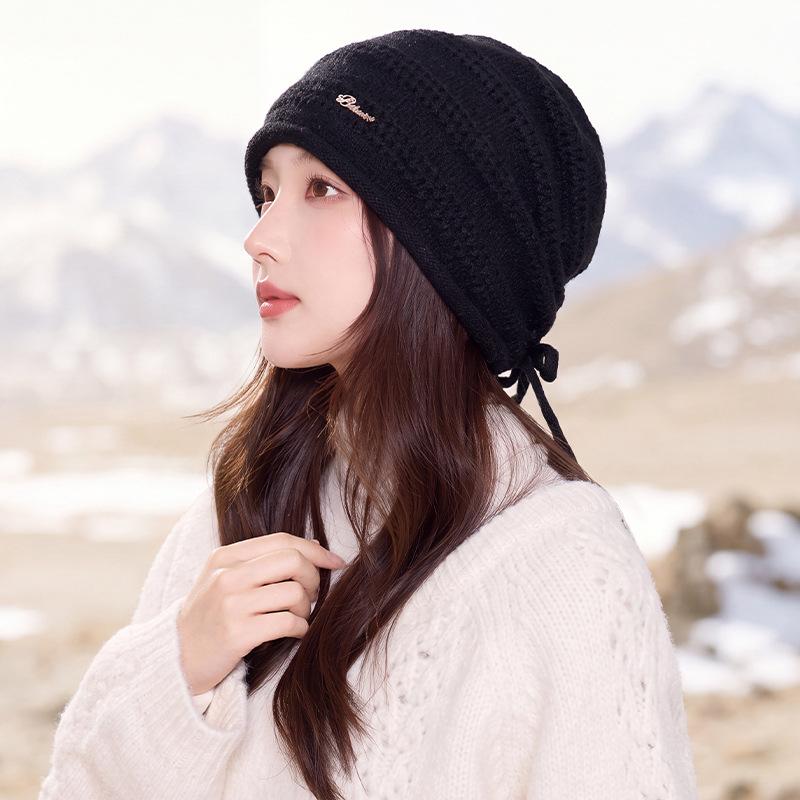 Women S Knit Slouch Beanie With Metal Tag Drawstring Warm Ear Protection Windproof Hat