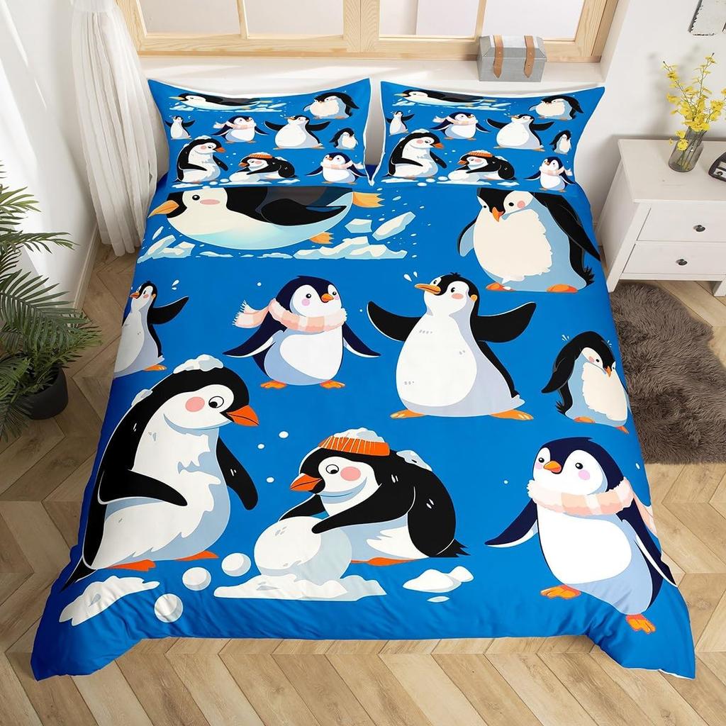 Cartoon Penguin Duvet Cover Polar Animal Watermelon Bedding Set for Boys Girls Room DecorArctic Wildlife Fruit Comforter Cover