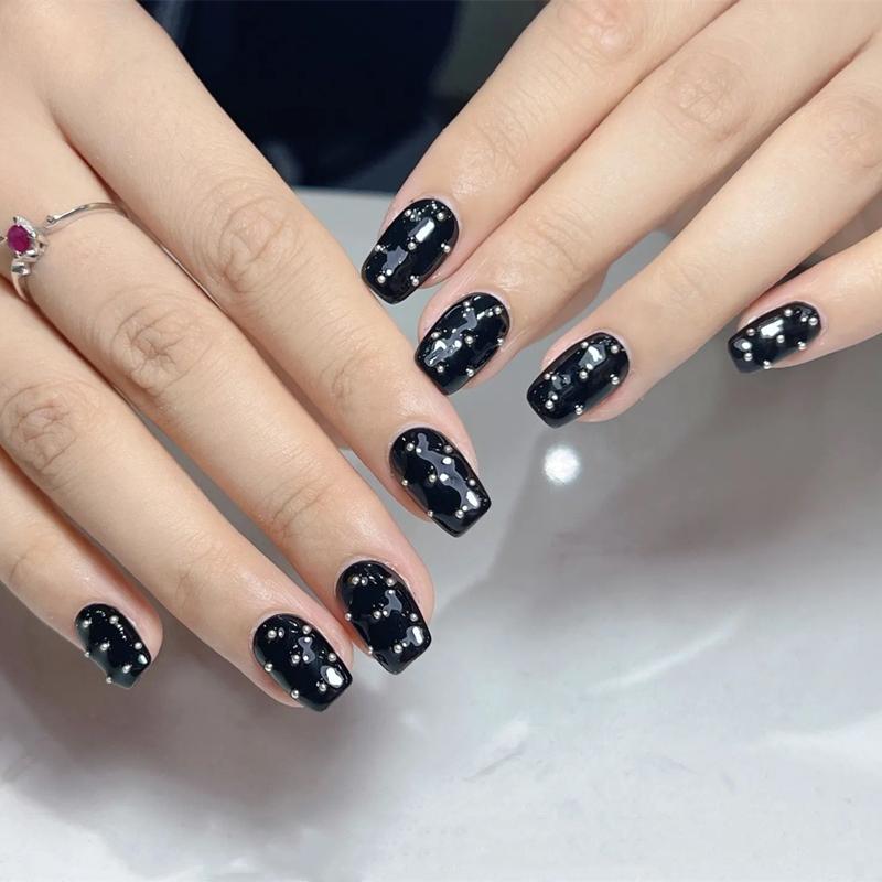 10PCS Handmade False Nails Press on with Steel Ball Black Acrylic Fake Nails Reusable Cool Artificial Manicuree Wearable Fashion