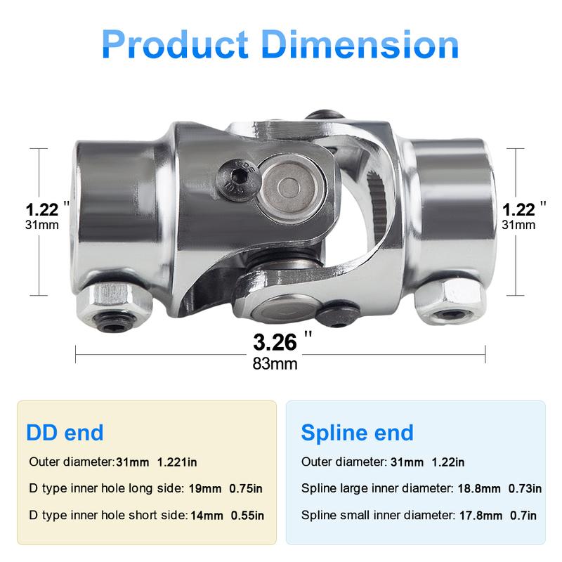 1pc Universal U Joint Single Steering Shaft Working Angle 35°Degree Double Ujoints Shaft 3/4"-30 Spline to 3/4" DD 83mm (3-1/4")