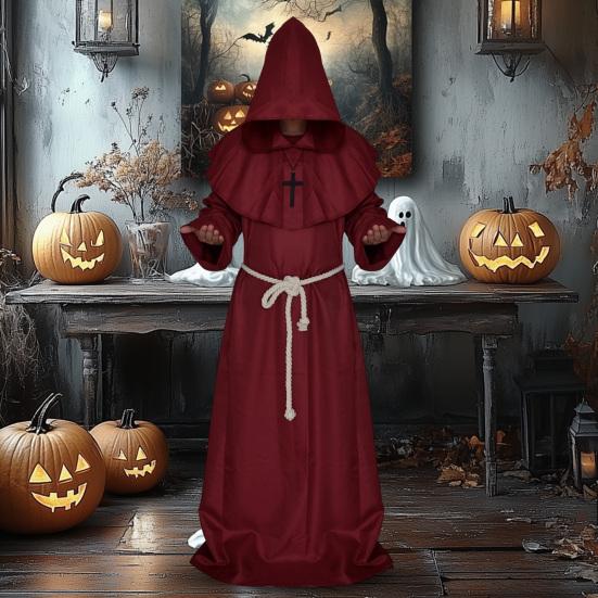 Friar Medieval Hooded Robe Monk Renaissance Priest Costume Halloween Wizard Sorcerer Cosplay Cloak for Adults