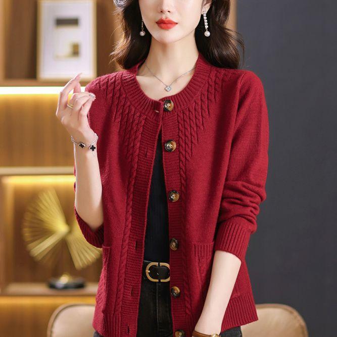 Autumn Winter Cardigan Sweater Women Round Neck for Mom Loose Knitted Sweater Universal Casual Top Western Style Jacket