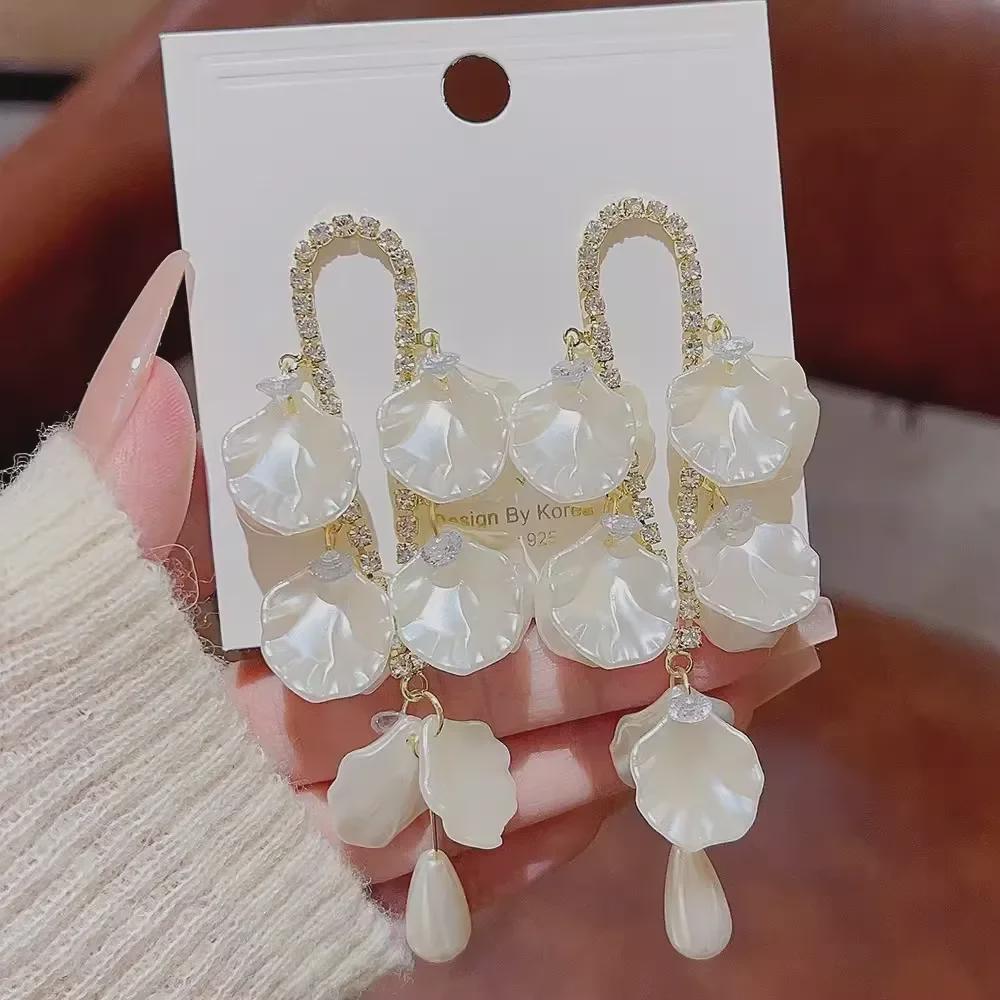 Silver Needle Pearl Flower Long Tassel Luxury Earrings