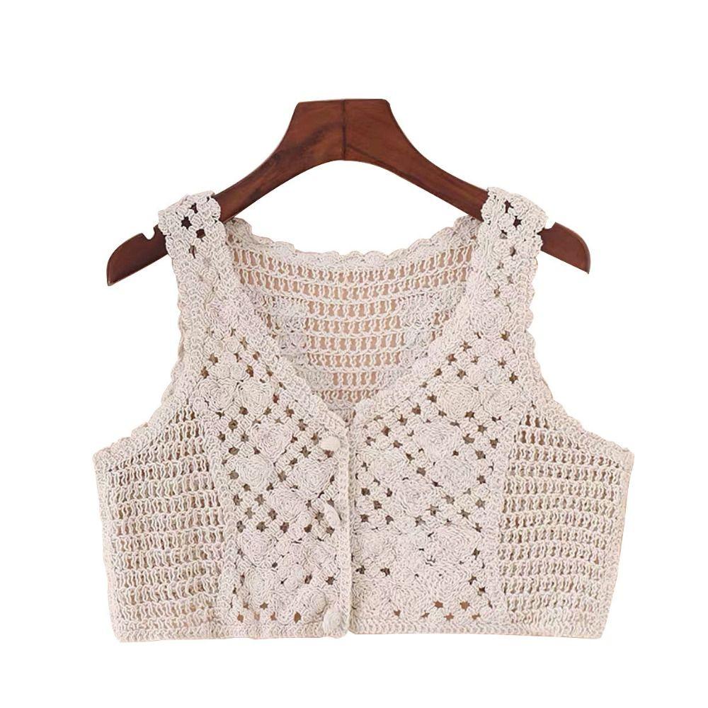 V-Neck Hollow Sleeveless Women's Crochet Camisoles Short Vest Ethnic Style Cardigan Knitted Tops