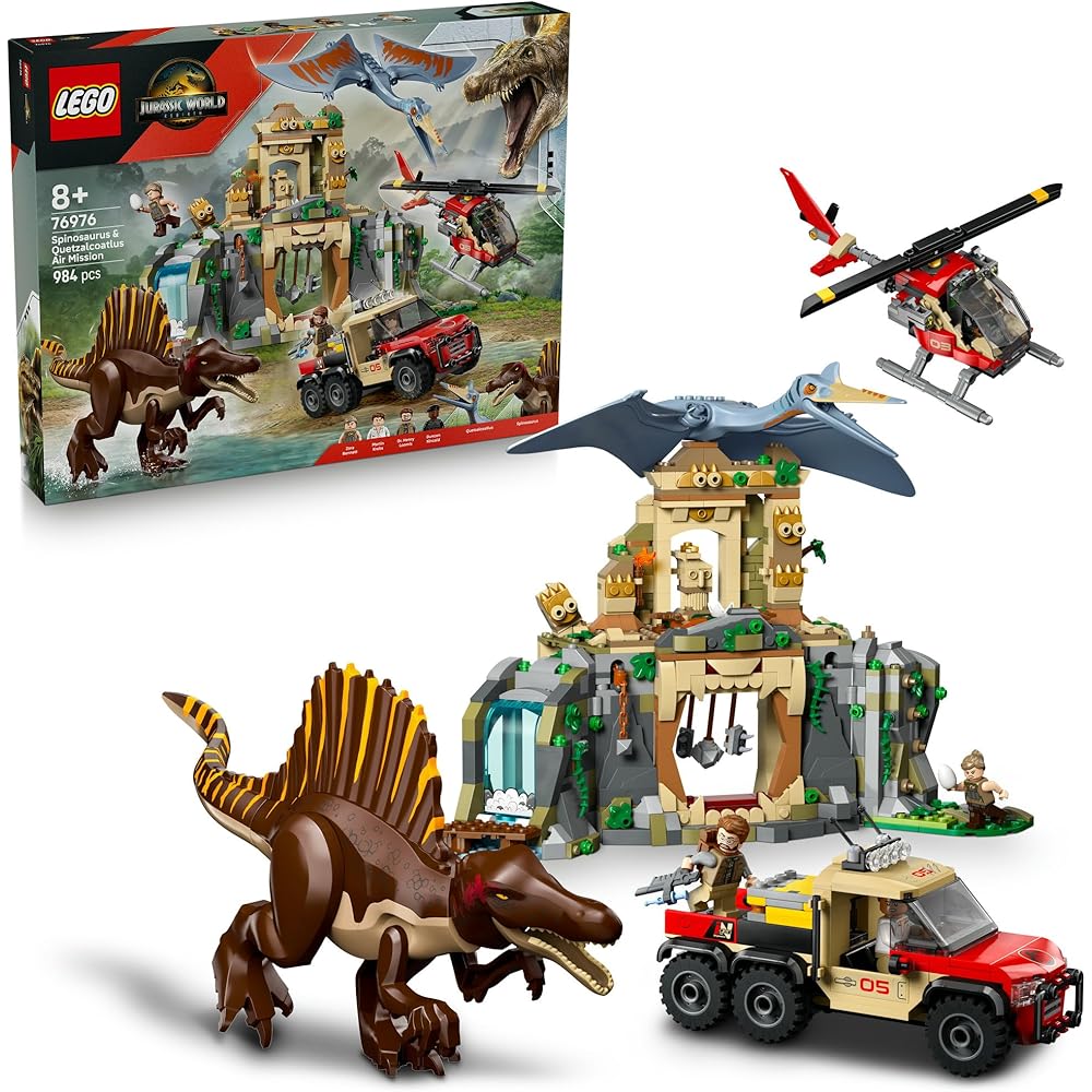 LEGO Jurassic World Spinosaurus and Quetzalcoatlus Aerial Mission Building Toy for Kids Ages 8-10