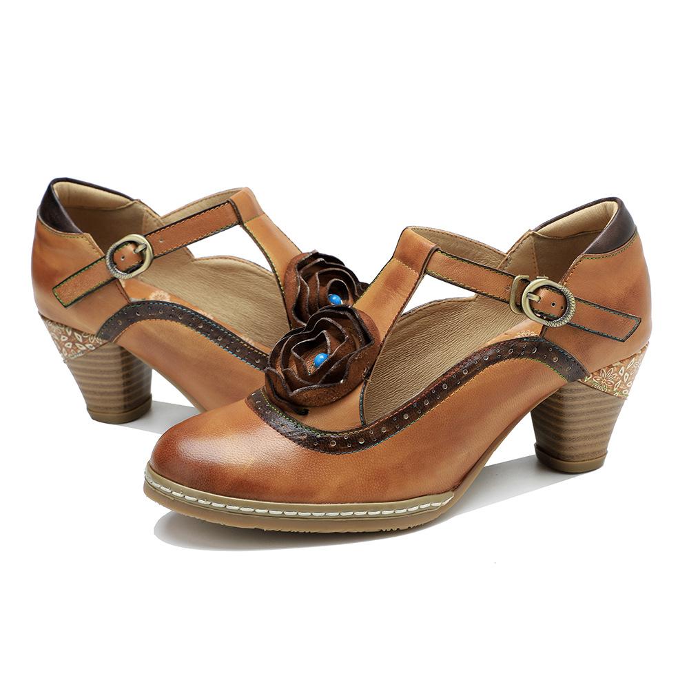 Johnature Туфли-лодочки в стиле ретро. Женская обувь. Натуральная кожа. Винтажные туфли Мэри Джейн с ручной росписью и цветами. Туфли на высоком каблуке.