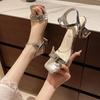 Модные Золотые Серебристые Женские Босоножки на Высоком Каблуке 2025 Новые Босоножки с Квадратным Носком и Блестящими Кристаллами Женские Босоножки на Тонком Каблуке с Ремешками на Щиколотке Женская Вечерняя Обувь