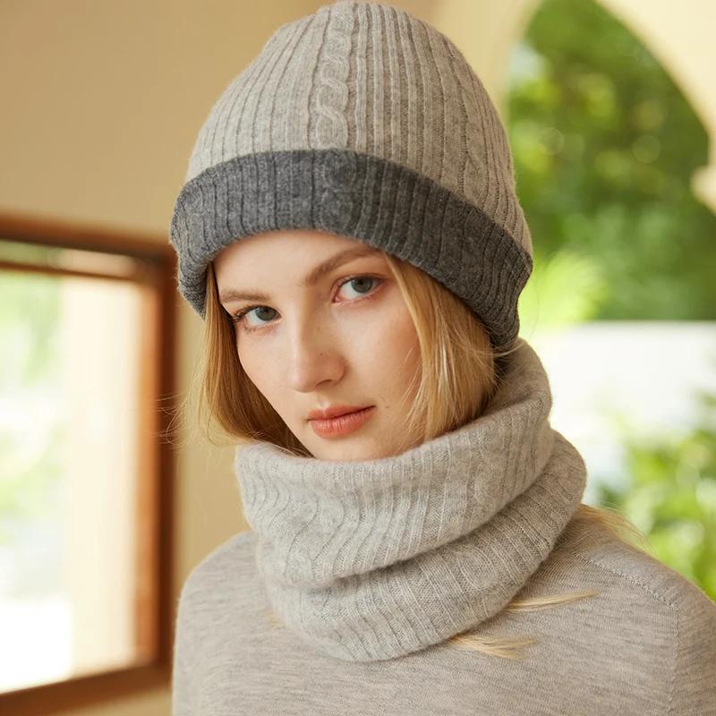 Women 100% Cashmere Tube Scarf Cable Knit Neck Warmer Ring Double Faced Thick Cap Reversible Knitted Beanies Winter 2-Pcs Set