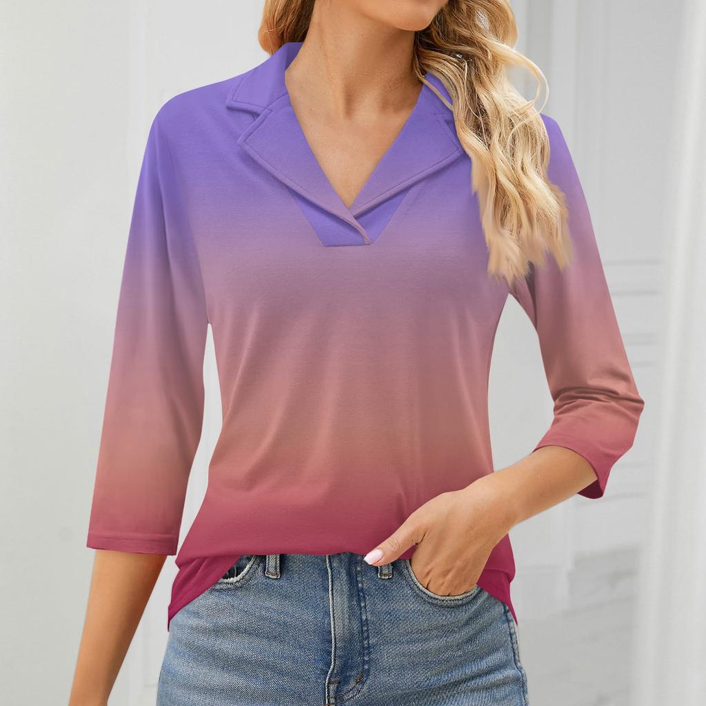 Женский модный топ для отдыха с семиточечным рукавом и V-образным вырезом, со вставками на манжетах и ​​принтом