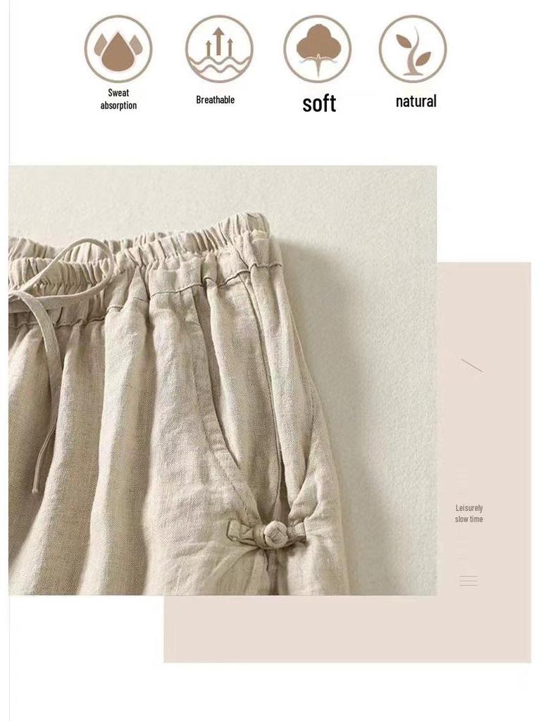 Хлопковые брюки гаремы с высокой талией и ретро застежкой-лягушкой - Легкие, эластичные, с завязкой на талии, свободного кроя для весны/лета