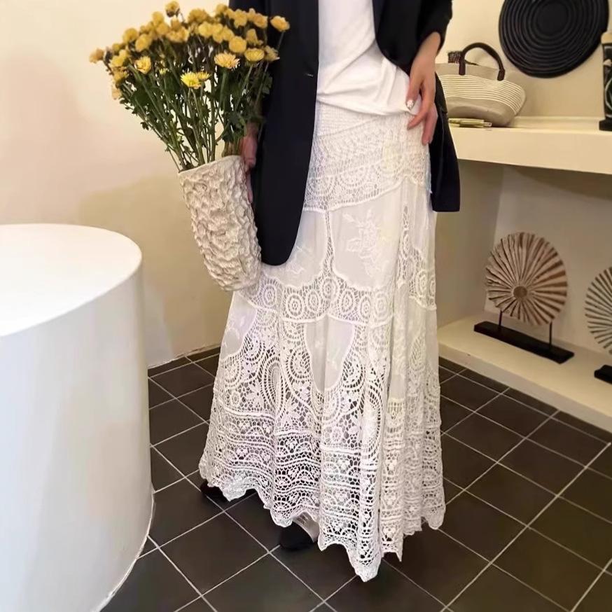 Dimanaf 2025 New Holiday Skirt Women Knitting Lace Long Solid Hollow Out Sexy Hollow Summer Style Basic Dress