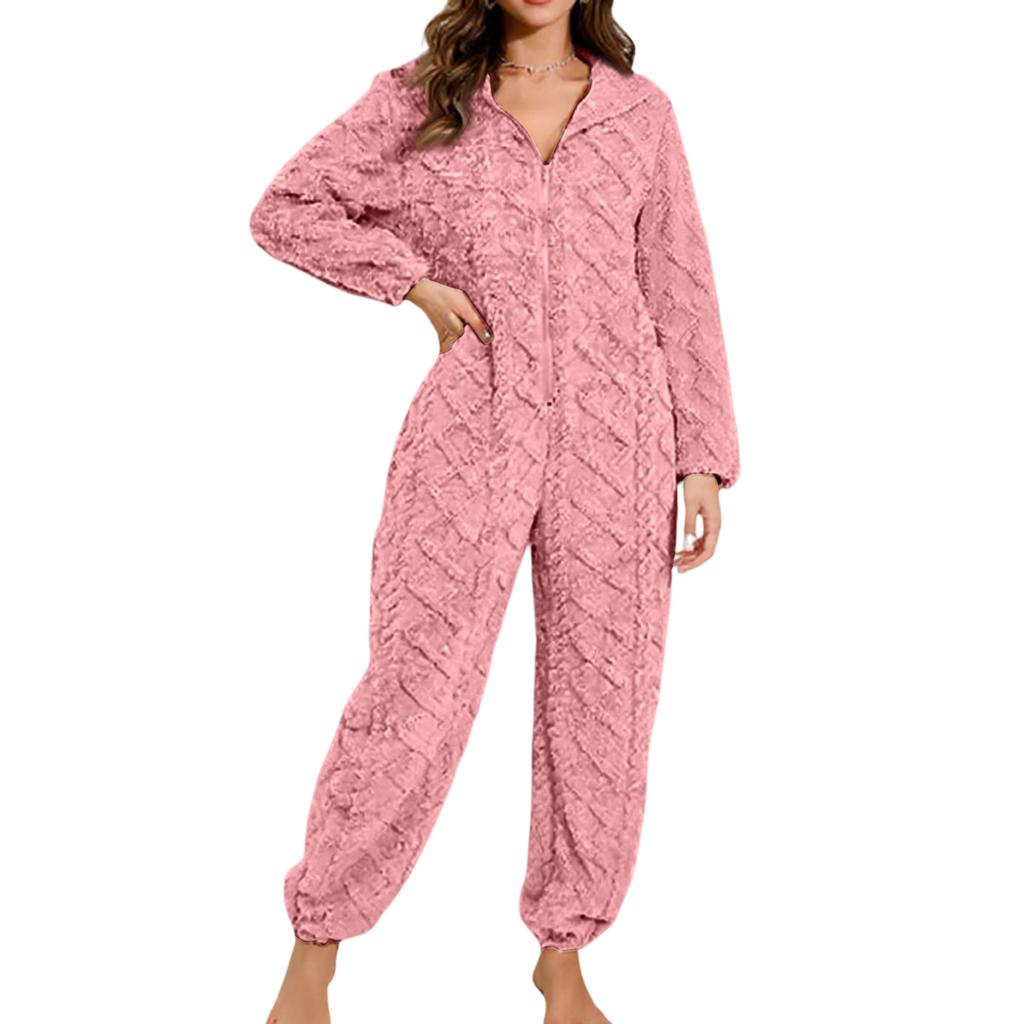 Женская мода Однотонная плюшевая домашняя одежда Повседневный комбинезон с капюшоном на молнии и длинными рукавами Пижама