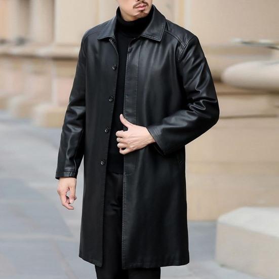 Мужская осенне-зимняя ветровка из искусственной кожи с лацканами и карманами с длинными рукавами, однобортная куртка с флисовой подкладкой, пальто, свободная длинная верхняя одежда, уличная одежда