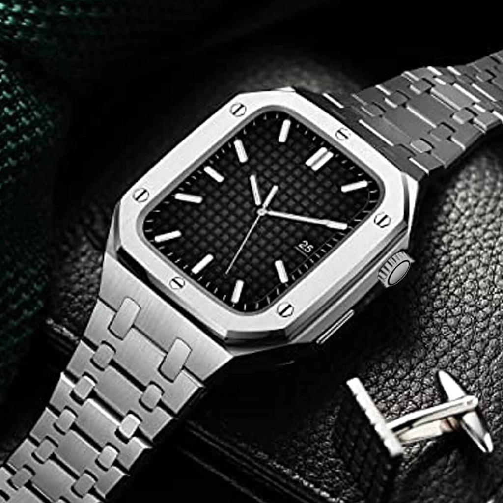 Stainless Steel Strap for Apple Watch Band 45mm 44mm Luxury Modification Kit Metal Case Bracelet iWatch Series 8 7 6 5 SE 44 45