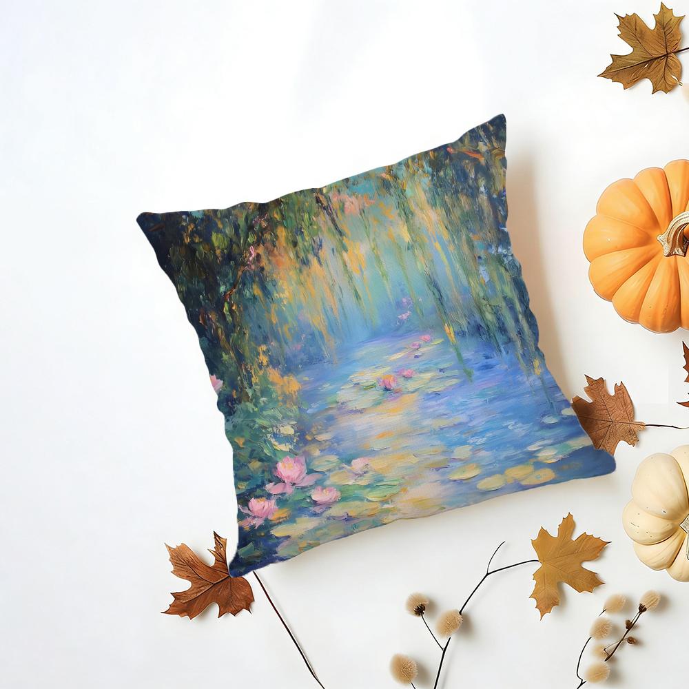 MMonet Water Lilies Cushion Cover Washable Linen Pillowcase Soft for Daily Sofa Bed Home Room Decor