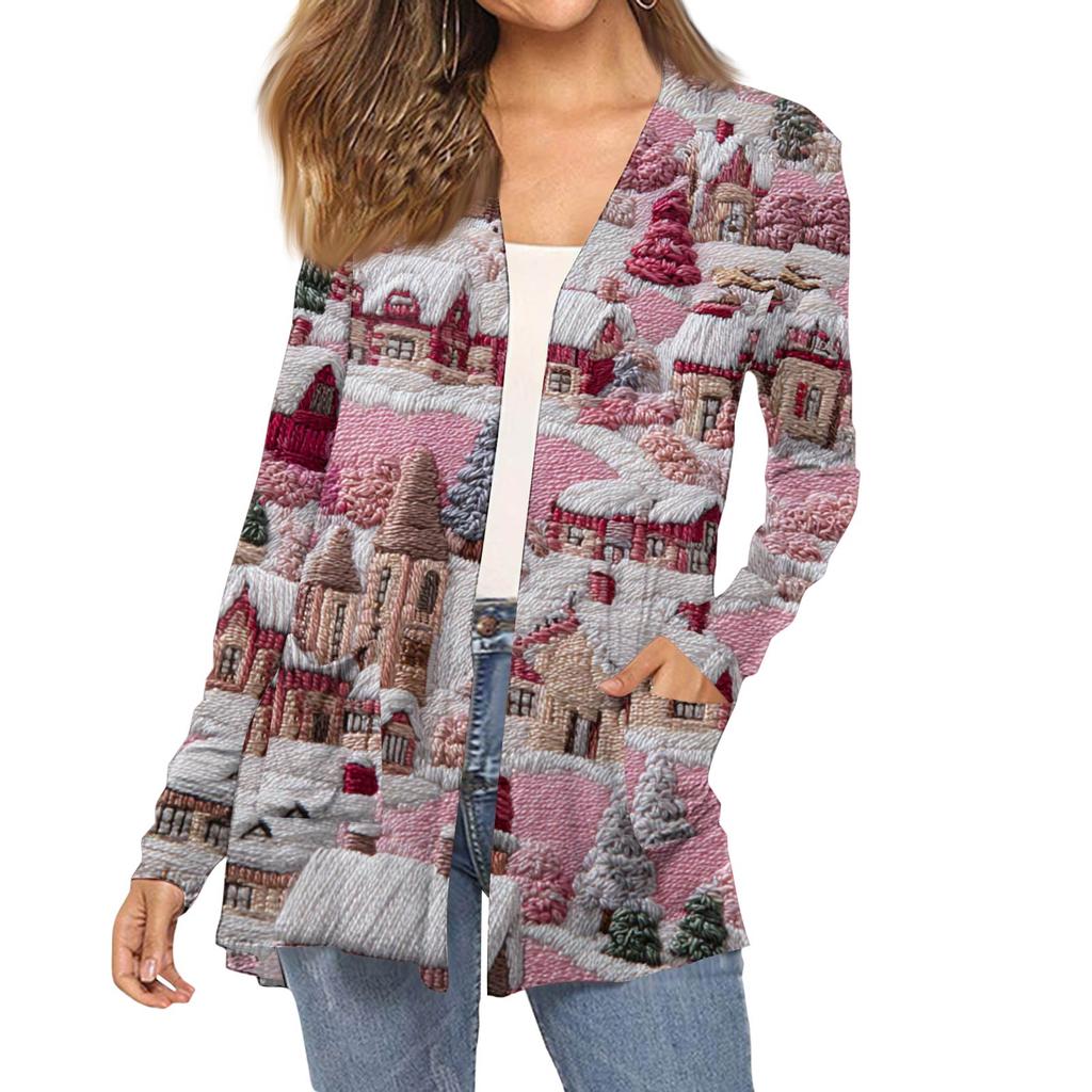 Женский модный кардиган-пальто с длинным рукавом, карманами, приталенного силуэта и рождественским принтом