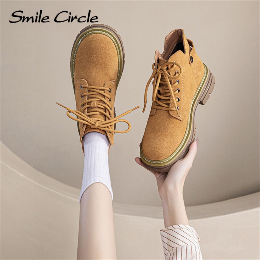 Женские ботинки из натуральной замши с круглым носком, на шнуровке, с толстой подошвой, модные повседневные рабочие ботинки