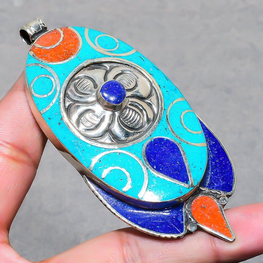 Chunky Vintage Nepal Pendant 3.5" Natural Lapis lazuli Turquoise Coral NP 2457