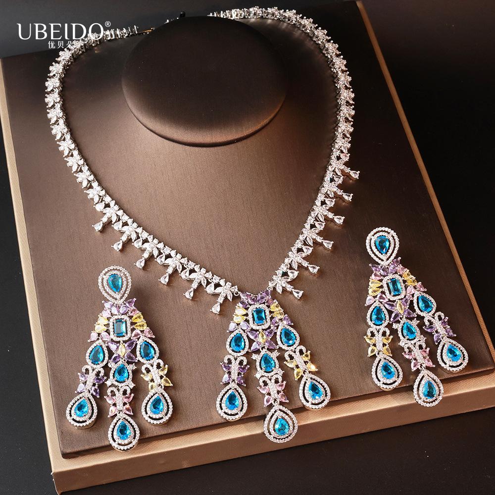 Luxury Multicolor Zircon Teardrop Necklace and Earrings Set for Women Elegant Crystal Jewelry for Wedding Party Evening Gown