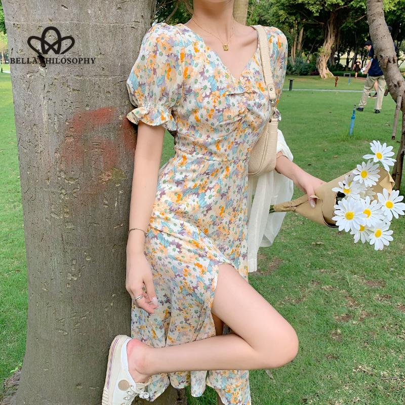 Французское элегантное платье, тонкое, летнее, с v-образным вырезом, повседневное, с короткими рукавами-фонариками, шикарное цельное платье с цветочным принтом в корейском стиле, шикарное.