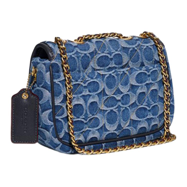 New COACH Pillow Denim With Smooth Leather Crossbody Bag, Shoulder Bag Medium Size Women's Marine Blue CA581-B4UDF