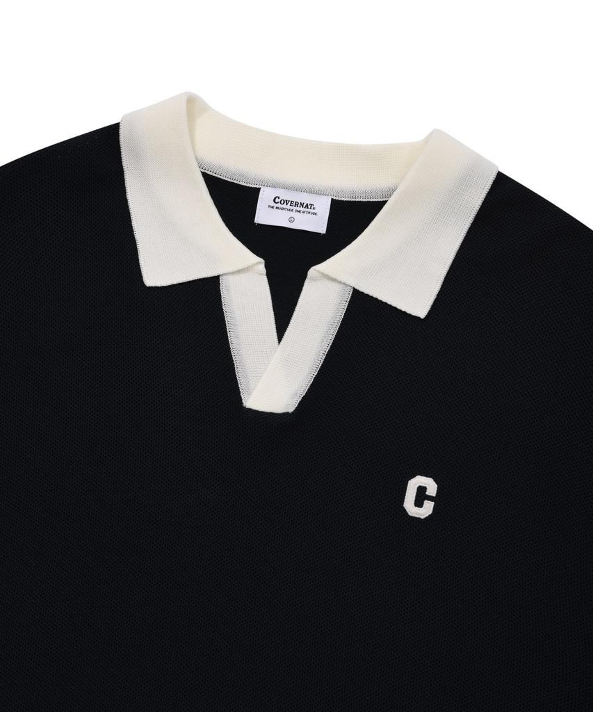 COVERNAT C Logo Open Collar Half Knit Navy