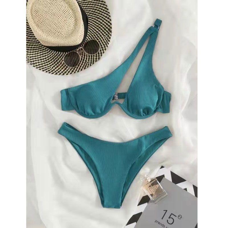 Новый летний новый бикини пляжная вечеринка сексуальный женский раздельный купальник однотонный одно плечо французский бюстгальтер наборы женские ажурные Y2k женская одежда