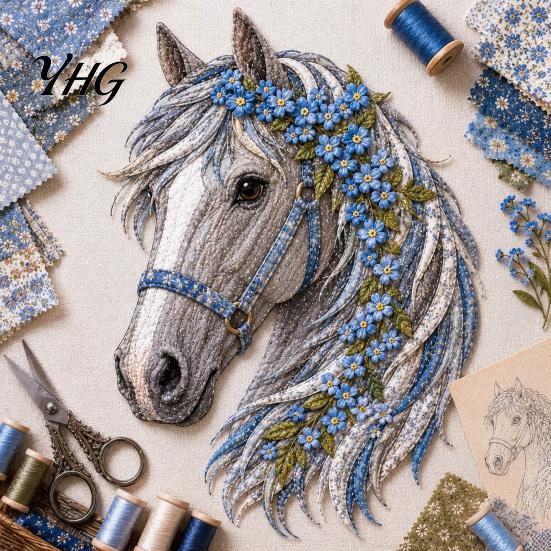 Textile Patchwork Starter Floral Horse Kit, Fabric DIY Zero Based Sewing Project Kit for Adults, Handmade Wall Decor Craft