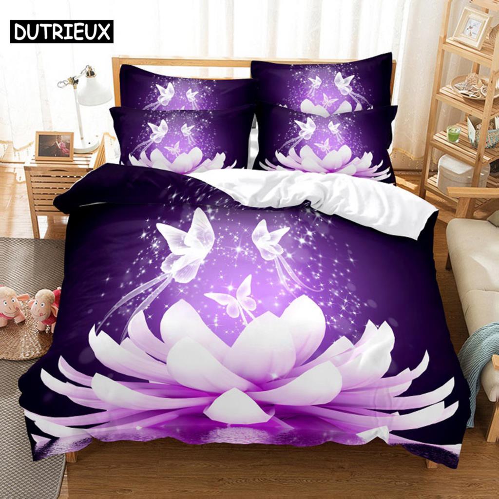 Фиолетовый комплект постельного белья, пододеяльник, одеяло, наволочка, 3D одеяло, лаванда, бабочка, двойной, полный, King Queen, Twin Single