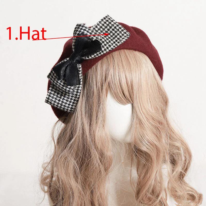 Lolita Plaid Big Bow Cute Beret Autumn Winte Beanie Cap Wool Hats Vintage Fascinator French Hats for Women Girls