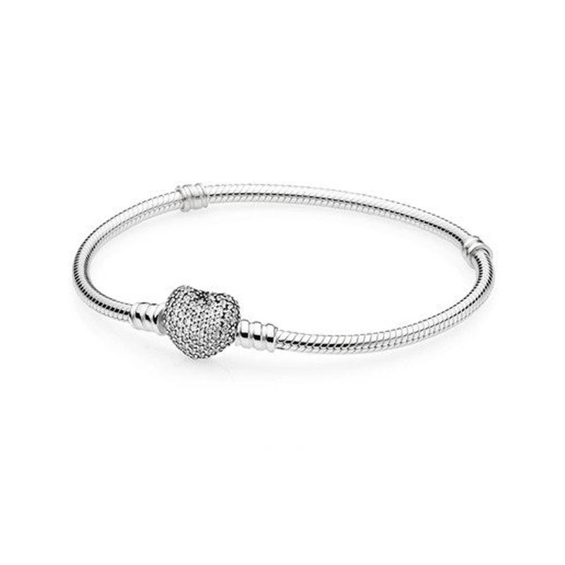 Pandora Brilliant Heart Shape Chain Clasp 925 Silver Cubic Zirconia Bracelet Women's Silver 590727CZ16