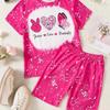 Летняя футболка для девочек, шорты, комплект из 2 предметов, детская красивая повседневная футболка с сумасшедшим принтом и круглым вырезом, эластичная талия, спортивная детская одежда